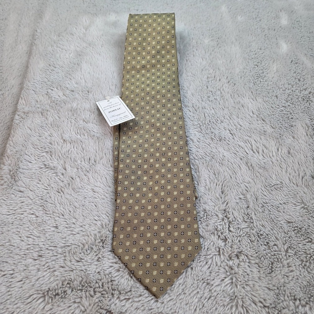 Zodiac Necktie Mens OS Kingsjewel Geometric Pattern Microfibre Gold Olive Green